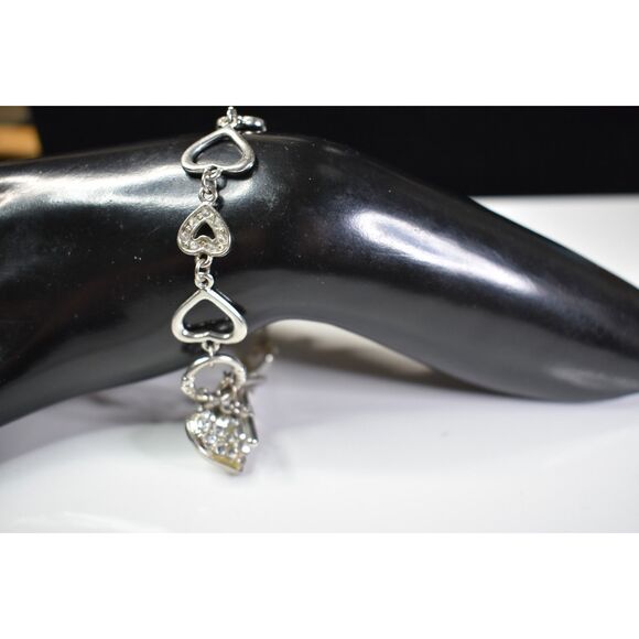 Silver Tone Heart Link Bracelet with Rhinestones - Size 7 - Picture 7 of 8